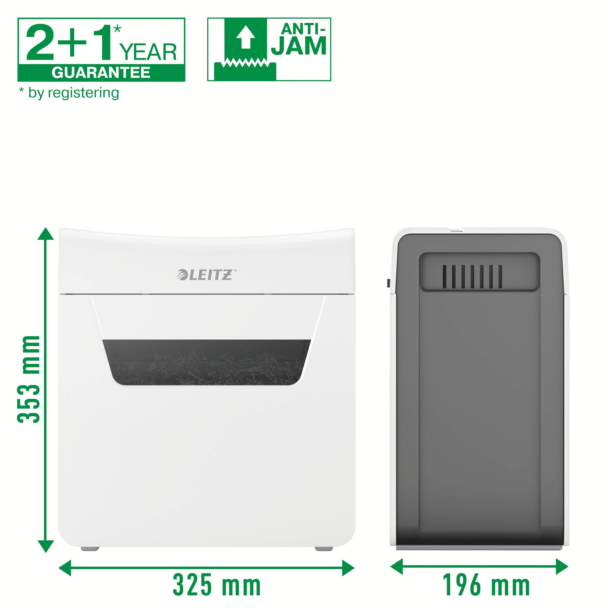 Leitz IQ 3M Premium Aktenvernichter P5, Mikroschnitt, 4-3 Blatt (70-80g/m²), Super leise, kompakt & sauber, TÜV+GS zertifiziert, 10L Behälter, für Büro & Home Office, Protect Serie, Weiß, 80930000