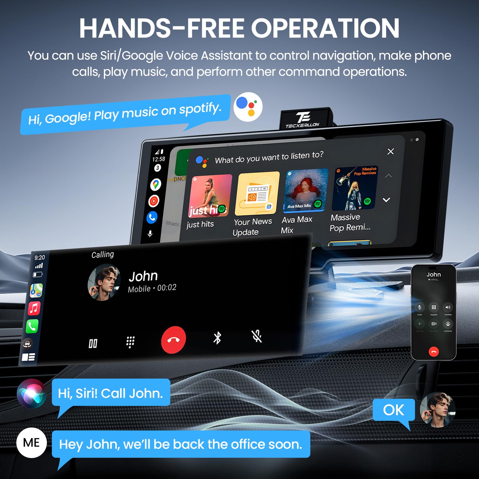 TECXERLLON 10,26 Zoll Wireless Carplay & Android Auto, Apple Car Play Display mit 4K Dashcam&1080P Rückkamera, Android Auto Display mit GPS Navigation, Mirror Link AUX FM 64G TF