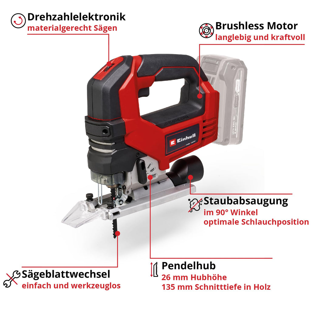Einhell Professional Akku-Stichsäge TP-JS 18/135 Li BL Power X-Change (18 V, 135 mm Schnitttiefe in Holz, 26 mm Hubhöhe, Brushless, inkl. Sägeblatt, ohne Akku und Ladegerät)