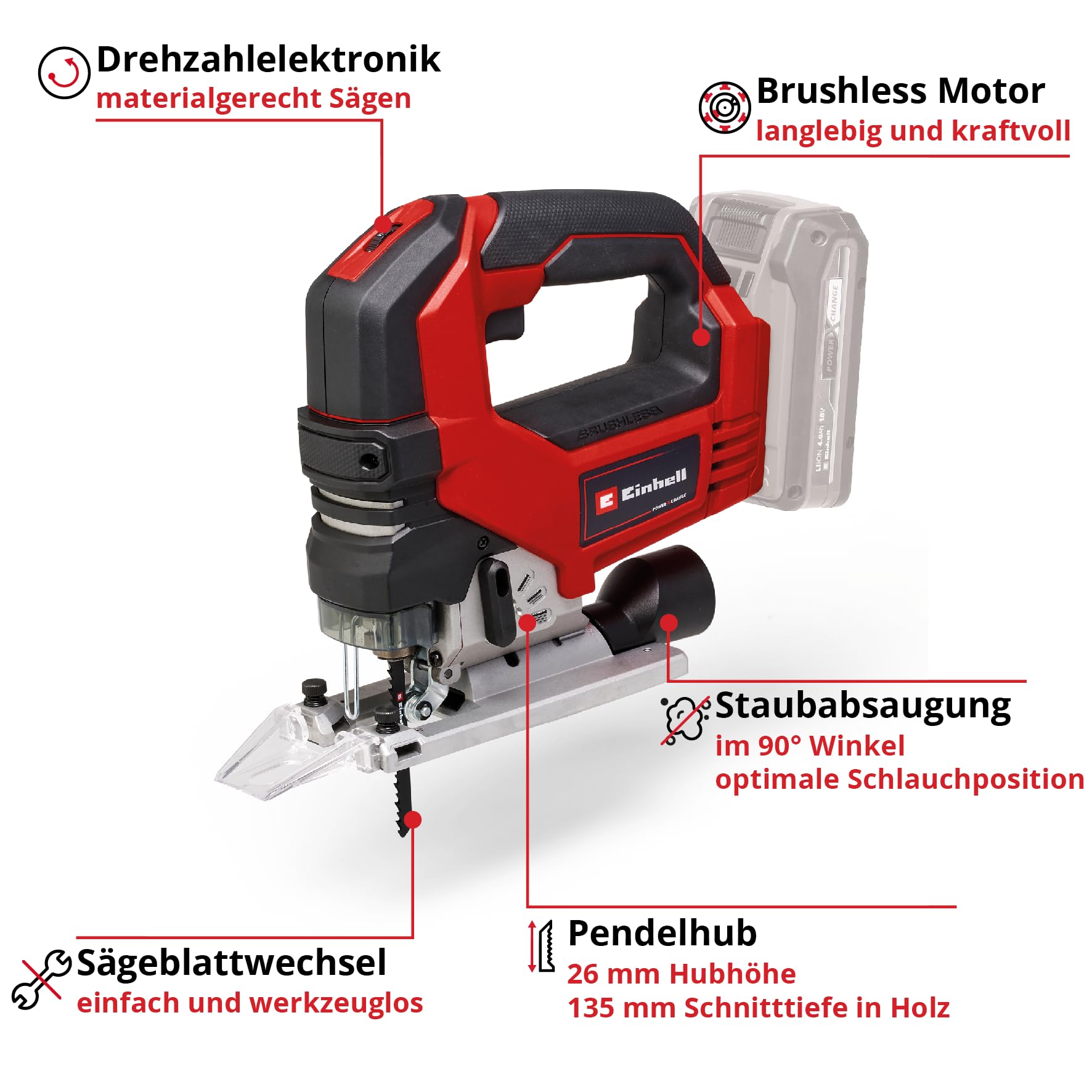 Einhell Professional Akku-Stichsäge TP-JS 18/135 Li BL Power X-Change (18 V, 135 mm Schnitttiefe in Holz, 26 mm Hubhöhe, Brushless, inkl. Sägeblatt, ohne Akku und Ladegerät)