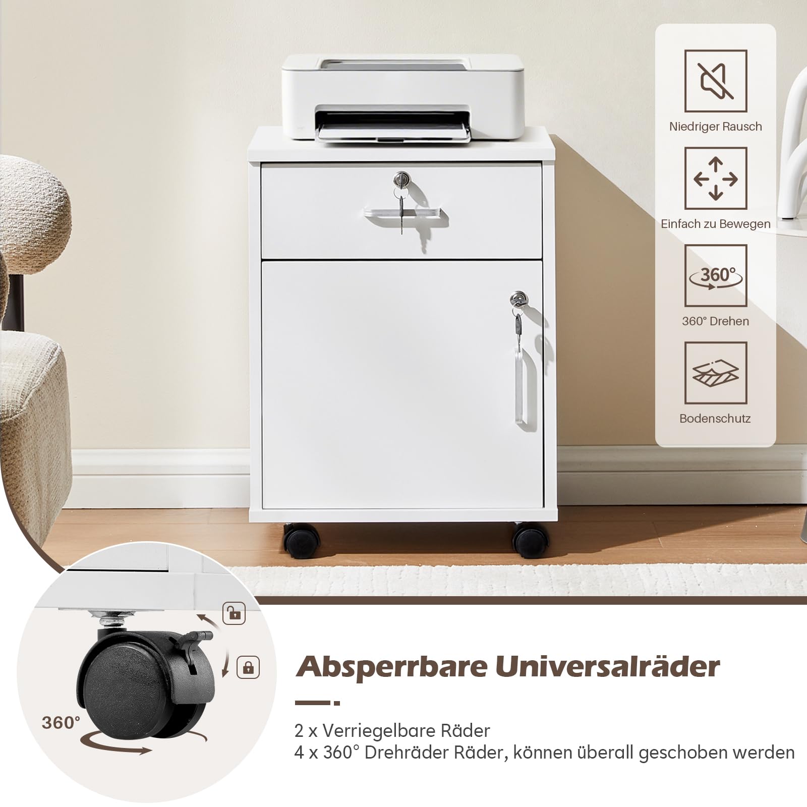 TUKAILAI Rollcontainer, Rollcontainer Abschließbar, Aktenschrank mit Schubladen, Büroschrank mit Rollen, Drucker Ablagefächer für Büromöbel 40x40x57 cm, Weiß