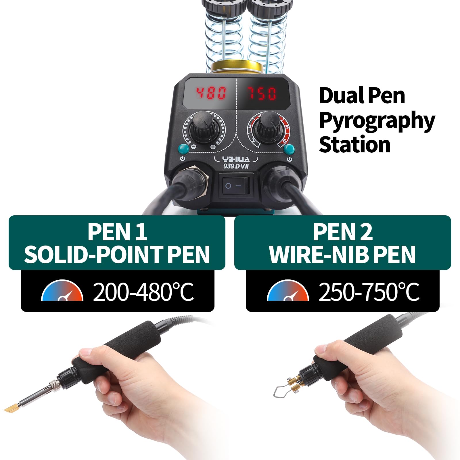 YIHUA 939D-VII brandmalerei-Werkzeug Holzbrennstift-Set Station 2-in-1 Solid-Point 200-480°C (mit Temperaturanzeige)/Drahtspitze 250-750°C mit 23 Spitzen, 25 Solid Points, 4 Holzstücken