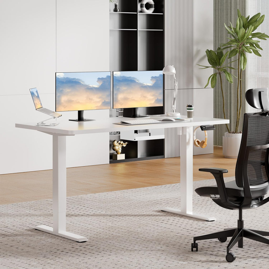 JUMMICO Elektrischer Höhenverstellbarer Schreibtisch - Steh-Sitz Tisch mit Memory-Funktion & Kompletter Tischplatte, Computertisch für Büro & Zuhause 140 x 60 cm Weiß