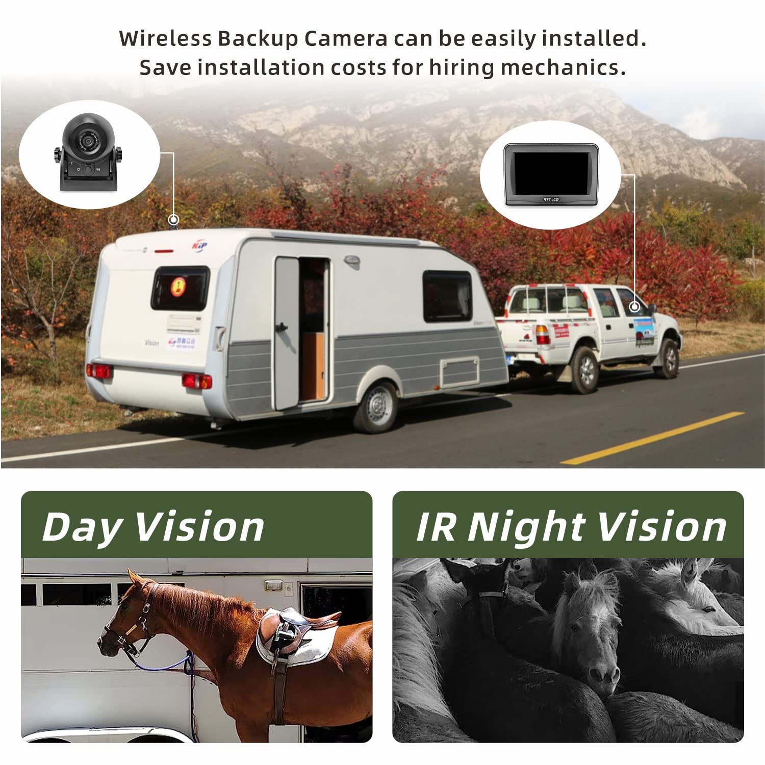 MHCABSR WiFi Wireless Magnetic Hitch Kamera Backup mit 4.3 Zoll LCD Monitor Display Rückansicht für Schwanenhals Pferd Anhänger Boot RV Camper Auto