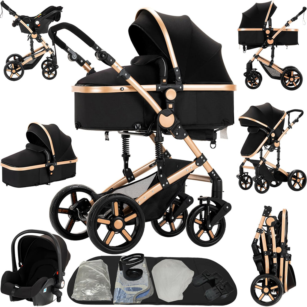 Reenborn Kinderwagen 3 in 1, Buggy mit Zwei Umkehrbaren Schiebemodi, Kinderwagen mit Rahmen Aluminiumlegierung, Babywagen 3 in 1 Komplettset mit Ein-Klick-Faltdesign Hohe Landschaft (588 Black Gold)