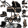 Reenborn Kinderwagen 3 in 1, Buggy mit Zwei Umkehrbaren Schiebemodi, Kinderwagen mit Rahmen Aluminiumlegierung, Babywagen 3 in 1 Komplettset mit Ein-Klick-Faltdesign Hohe Landschaft (588 Black Gold)