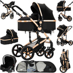 Reenborn Kinderwagen 3 in 1, Buggy mit Zwei Umkehrbaren Schiebemodi, Kinderwagen mit Rahmen Aluminiumlegierung, Babywagen 3 in 1 Komplettset mit Ein-Klick-Faltdesign Hohe Landschaft (588 Black Gold)