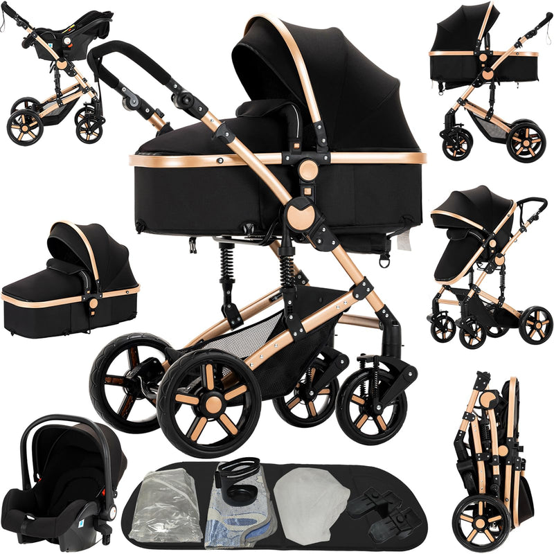 Reenborn Kinderwagen 3 in 1, Buggy mit Zwei Umkehrbaren Schiebemodi, Kinderwagen mit Rahmen Aluminiumlegierung, Babywagen 3 in 1 Komplettset mit Ein-Klick-Faltdesign Hohe Landschaft (588 Black Gold)