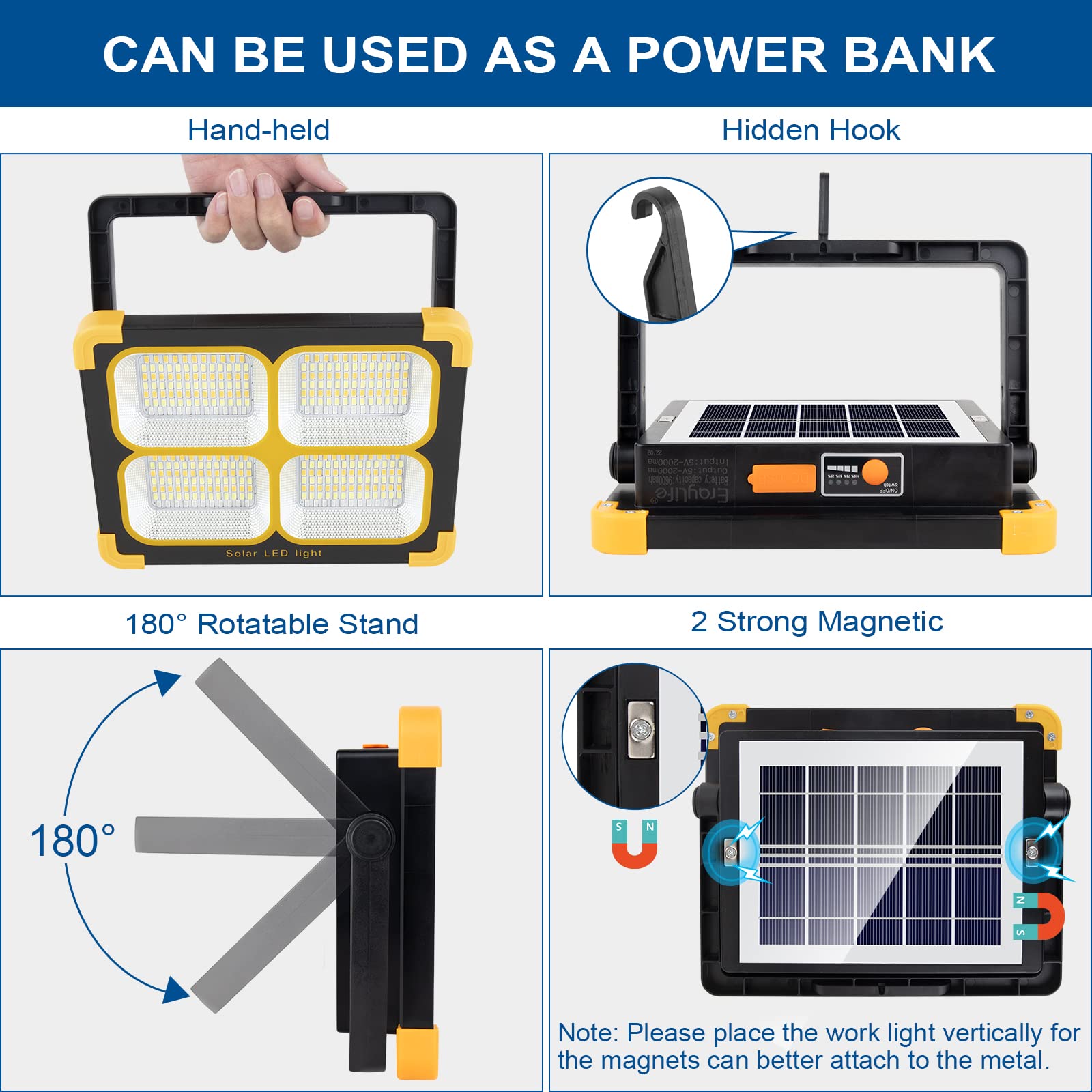 LED Baustrahler Solar 120W, Tragbar Arbeitsstrahler Akku mit 348 LED-Perlen 4 Modi, 10000 Lumen Arbeitsleuchte USB oder Solar Wiederaufladbare Ideal für Camping, Arbeit, Angeln, Schwarz