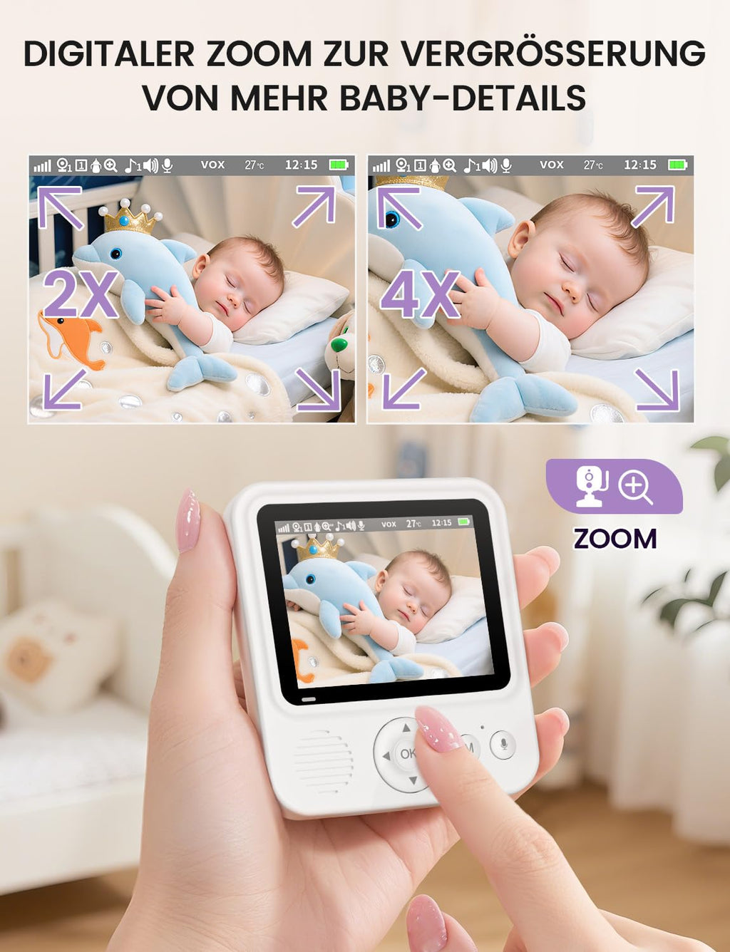 OBVHNUA Babyphone mit Kamera 720P IPS Video Babyphone ohne WLAN mit 2000mAh Akku Digitale Zoomfunktion Nachtsicht Temperatur-Alarm Zwei-Wege-Audio Schlaflieder VOX-Modus