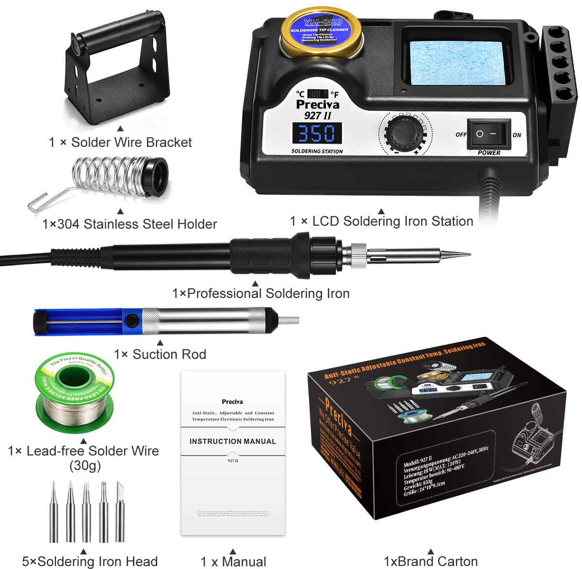 Preciva Lötstation 60W Lötkolben Set mit Displayanzeige, Temperatur einstellbar 90~480°C, Standby-Modus Lötset für Hobbylöten (Lötstation)