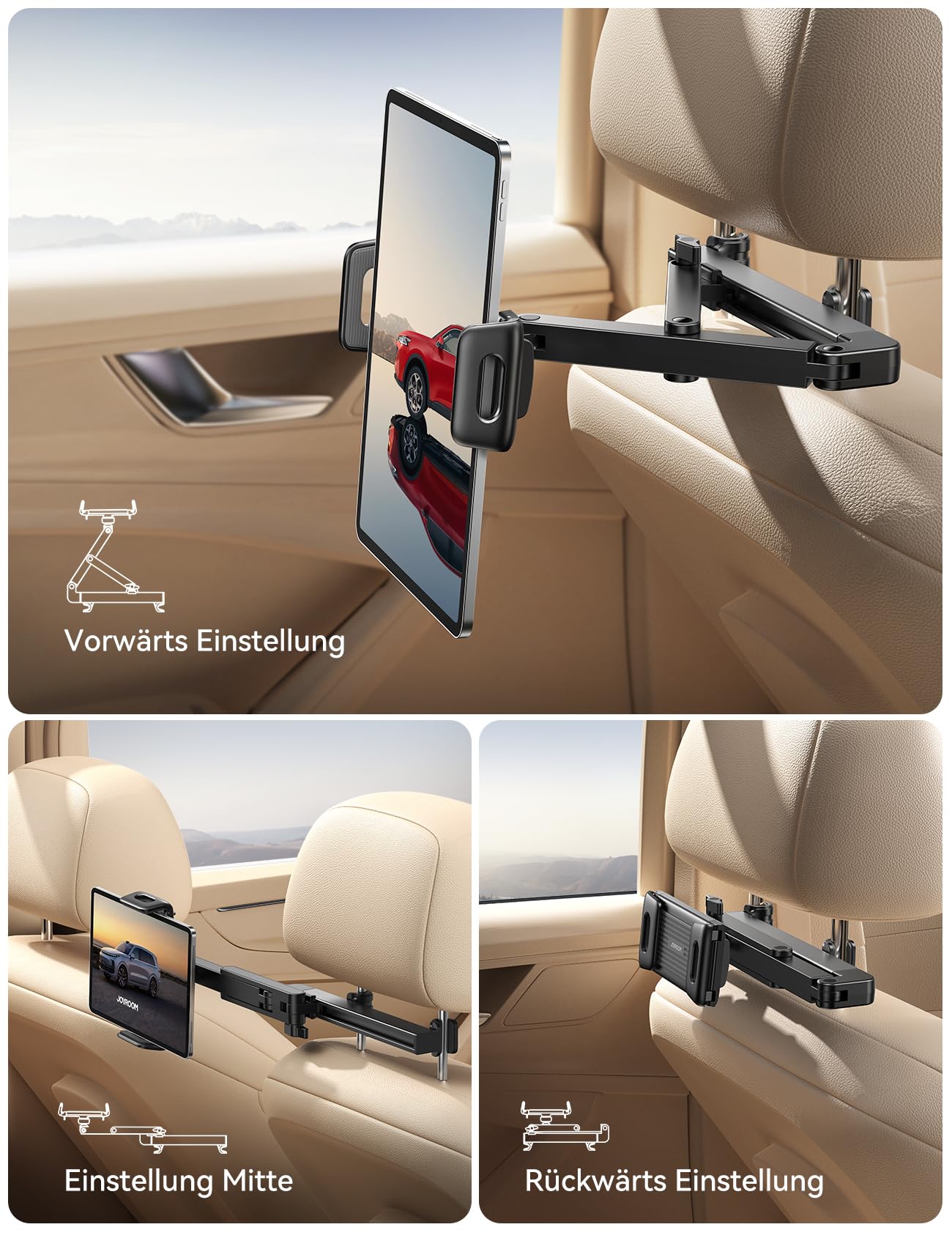 JOYROOM Tablet Halterung Auto [Stabilisierende dreieckige Struktur] iPad Halterung Auto mit Doppeltem Gestänge Klapparm Tablet Halterung Auto Kopfstütze für iPad/Switch/Phone 4.7-13 Bildschirm Geräte