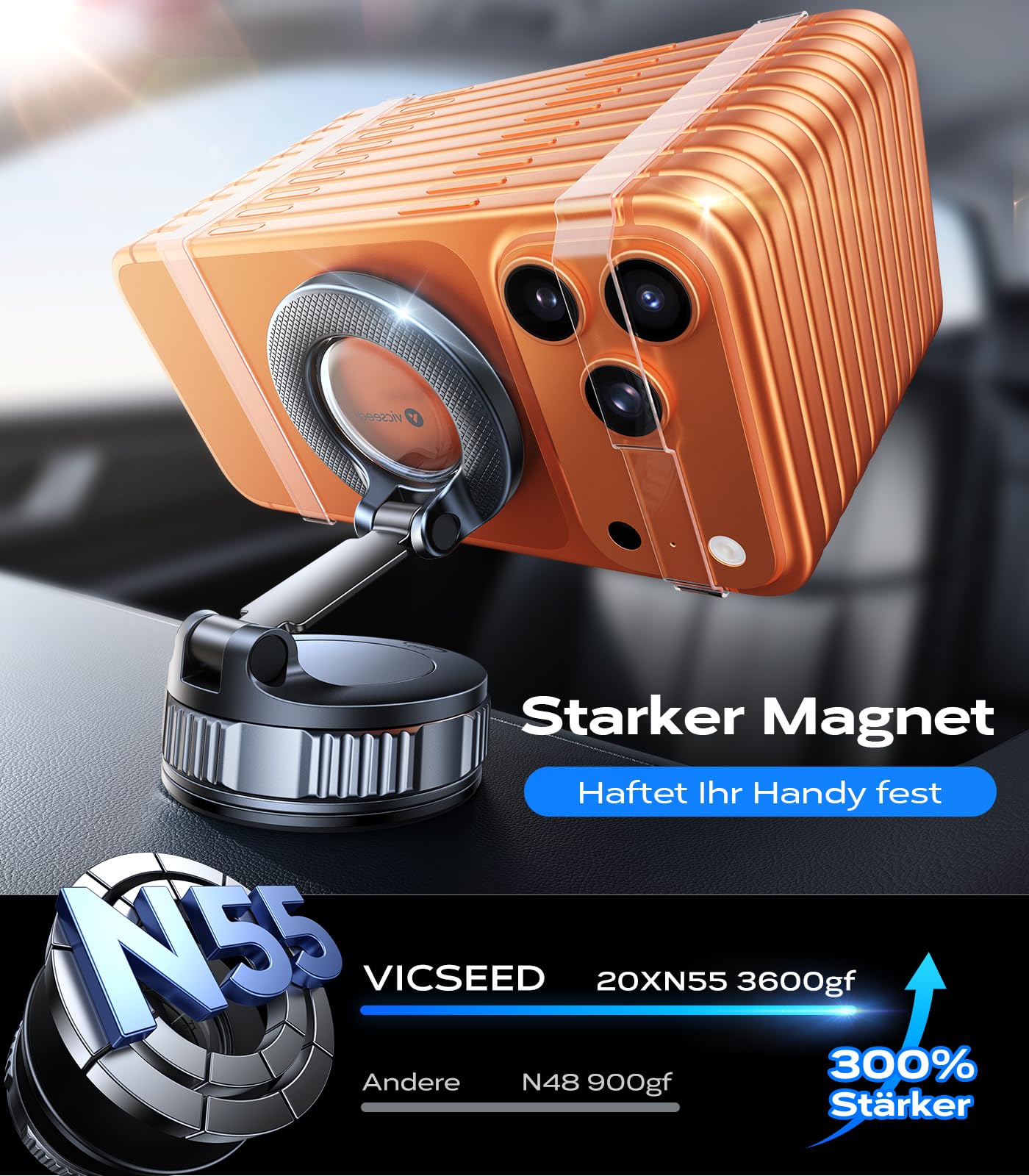 VICSEED Militärische Handyhalterung Auto Magnet für Magsafe Autohalterung [20XN55 Magnets & 20KG Vakuum Saugnapf] 360°Drehbar Magnetische Kfz Handy Halterung Auto für iPhone17 Pro Samsung Alle Handy