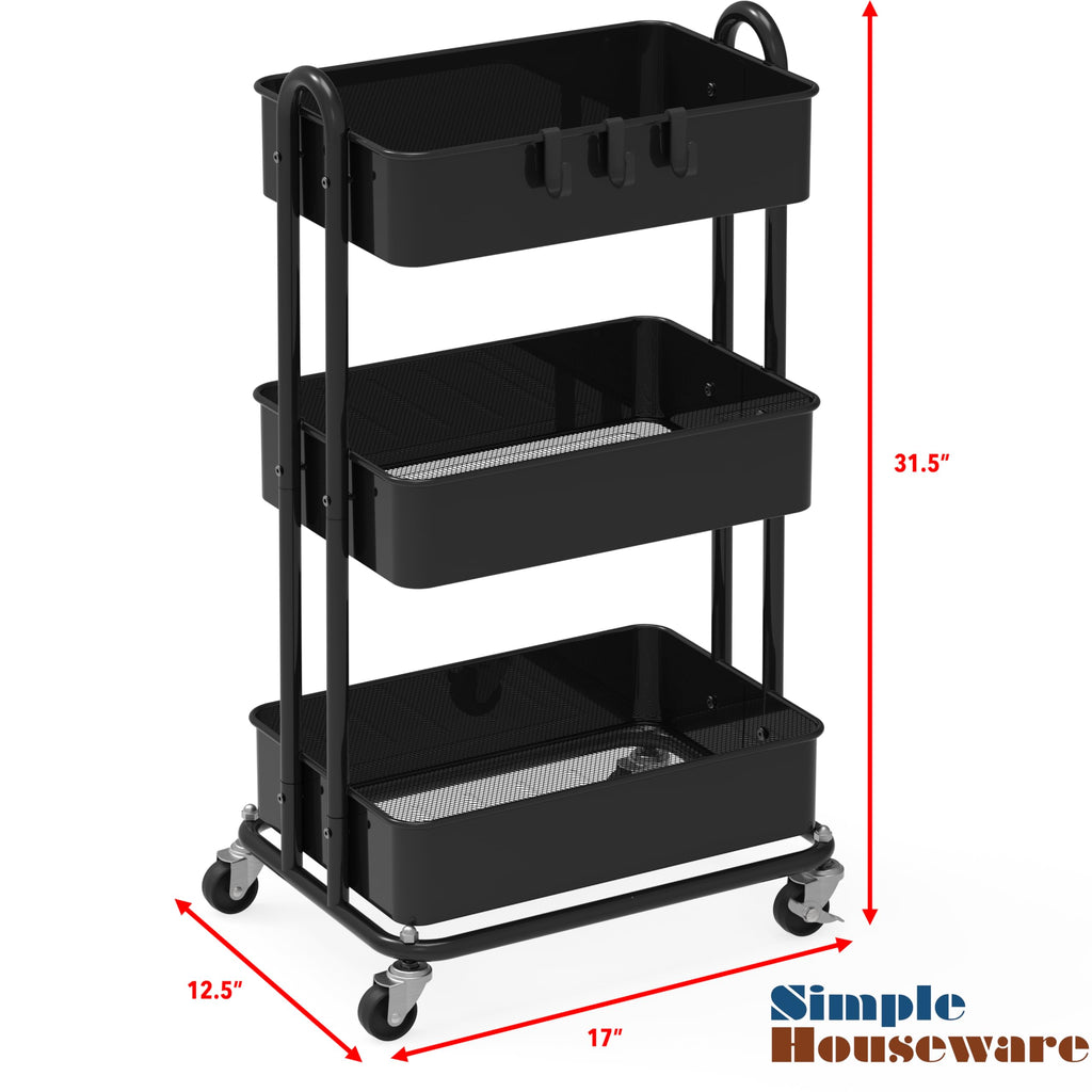 Simple Houseware Hochleistungs-Rollwagen mit 3 Ebenen aus Metall, Schwarz