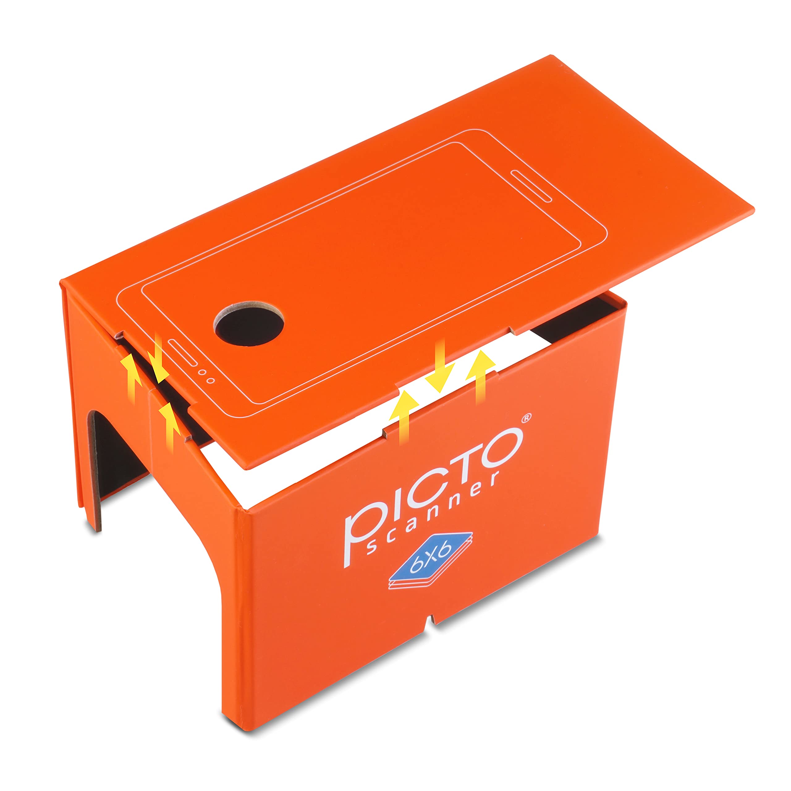 PictoScanner 6x6 - Ist EIN Scanner für 6x6 Filme. Scannen und speichern Sie Ihre 6x6 Negative oder Dias mit Ihrem Smartphone. Der Scanner ist aus, umweltfreundlicher Pappe hergestellt.