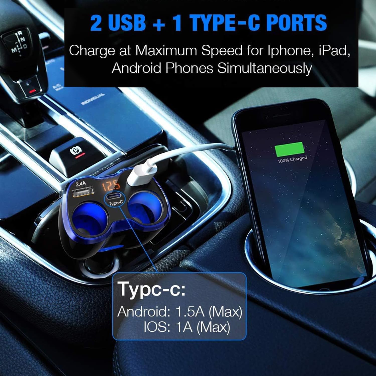 USB C Auto Ladegerät Zigarettenanzünder Verteiler Adapter Splitter Typ C KFZ Ladegerät 2 Fach Steckdose 12V/24V DC 120W mit LED Voltmeter Schalter Dual USB Port