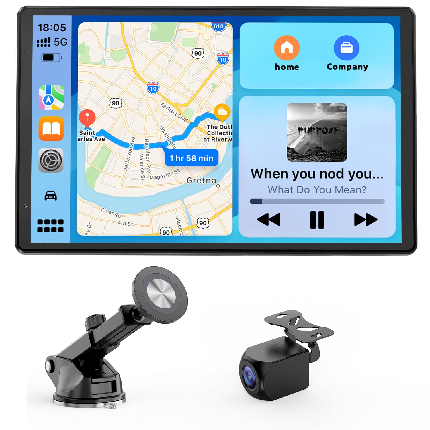 Avylet 8'' Tragbares Carplay Display für Apple CarPlay & Android Auto, Touch Bildschirm, Magnetische Halterung, OTA-Updates, IP67 1080P Rückfahrkamera, Bluetooth, Sprachsteuerung, GPS-Navigation