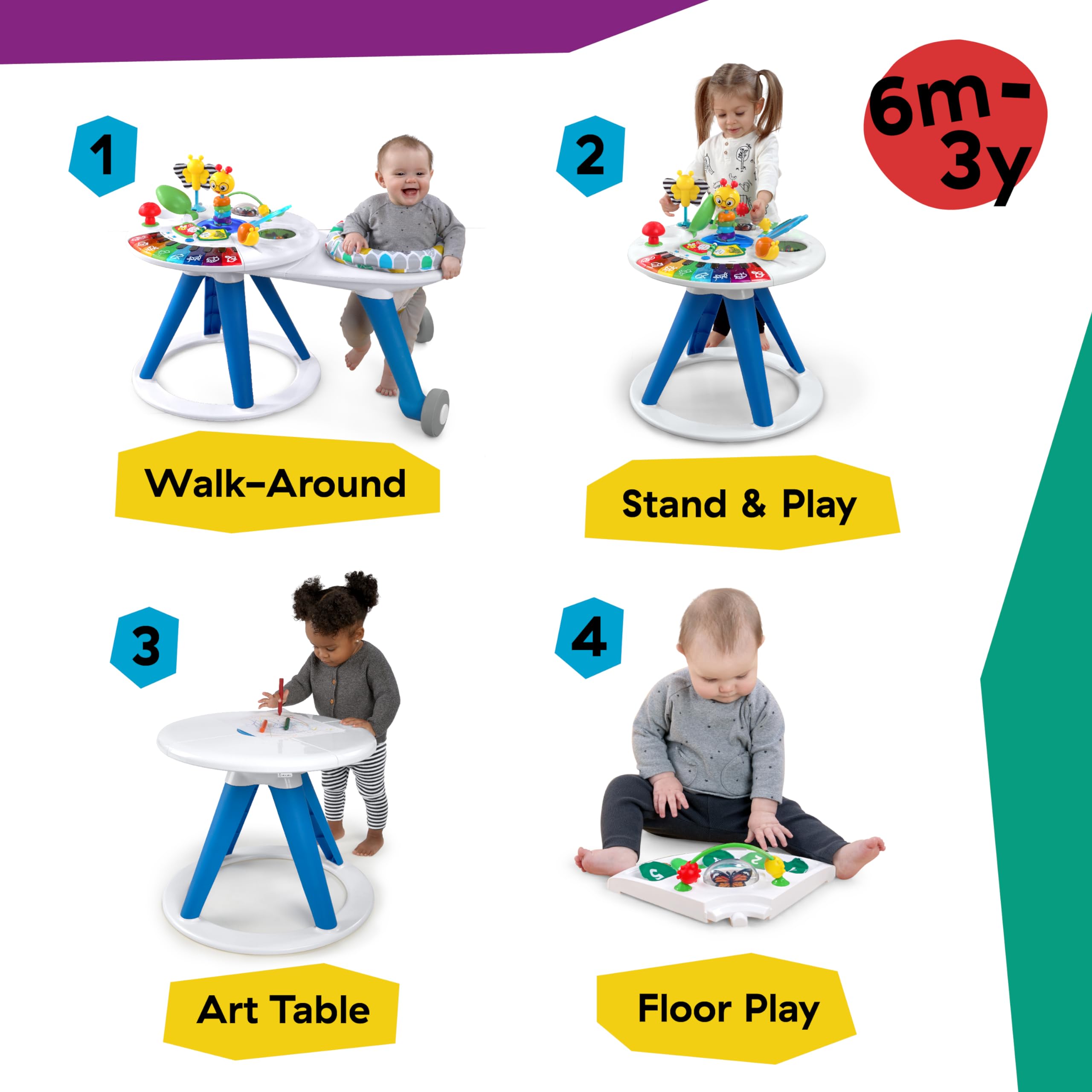 Baby Einstein, Around We Grow 4-in-1 Spieltisch & Lauflernhilfe mit Lichtern & Musik, Lauflernwagen mit Spielstation,15 Aktivität Spielzeug, 360° drehender Sitz, höhenverstellbar, Kinder ab 6 Monaten