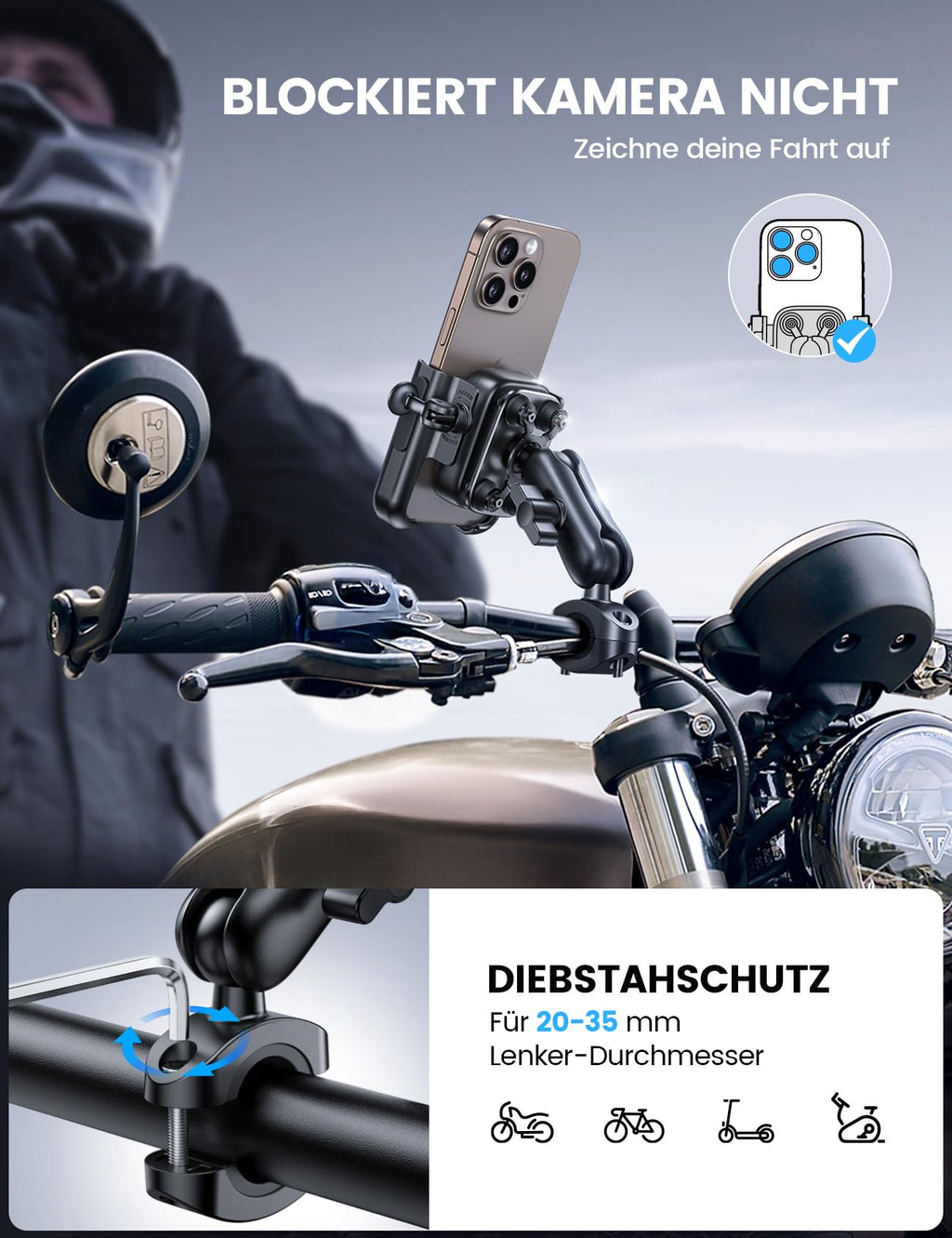 Lamicall Handyhalterung Motorrad, Fahrrad Handyhalter - [Ganzmetall & Vibrationsgedämpft] Handy Halterung Motorrad mit Verlängerungsarm, Lenker Halter für Video, für iPhone 17/16, 4,7-7,2 Zoll Handys