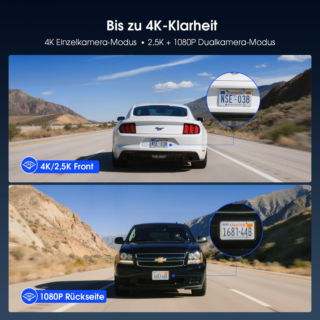 Avylet 4K/2.5K+1080P Dashcam Auto Vorne Hinten, 5GHz WiFi/APP Dual Kamera mit 64GB Card, ADAS Spurhalteassistent, Parküberwachung, externem GPS, Super Nachtsicht, WDR, G-Sensor, 170°+150° Weitwinkel