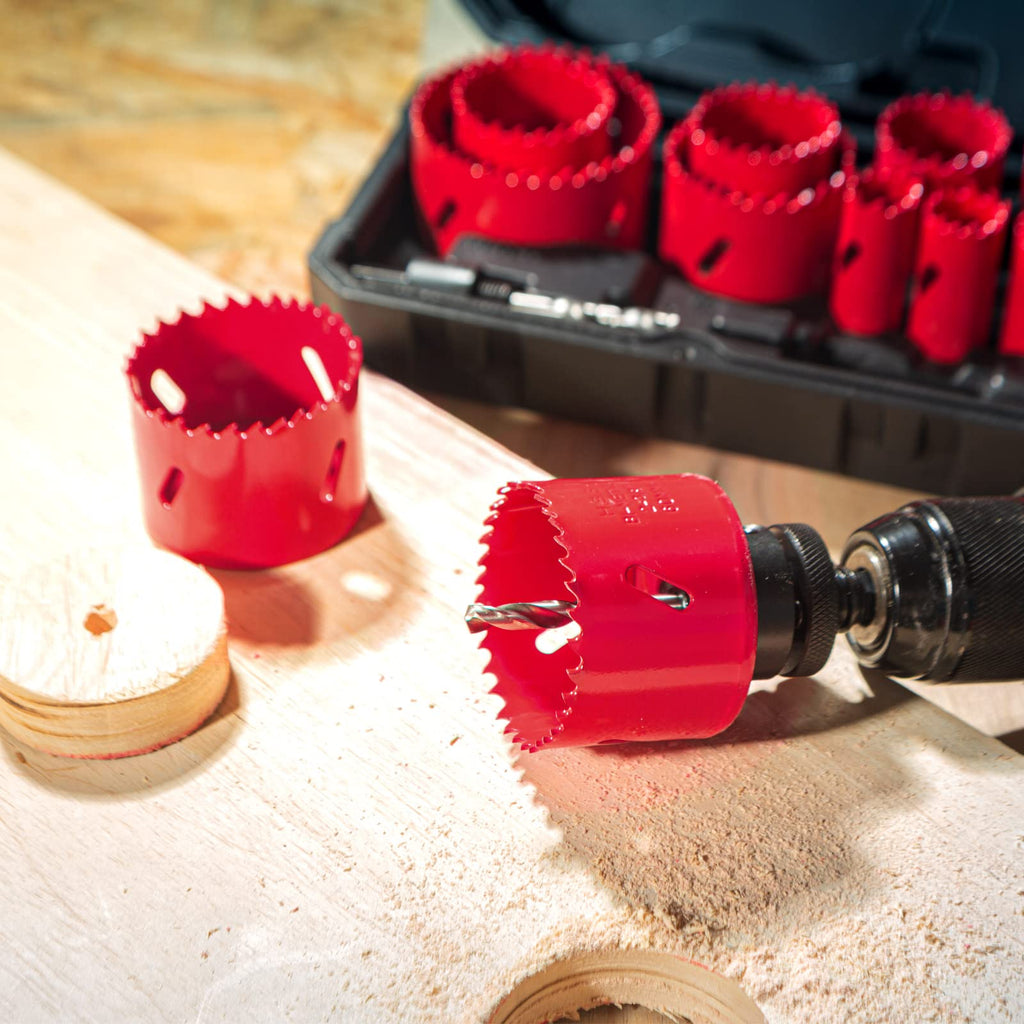 HYCHIKA Bimetall Lochsäge Set, 17tlg Lochbohrer Ø20mm-68mm, Maximale Schnitttiefe 40mm, Ideal zum Bohren von Weichmetall, Holz, PVC Platte und Kunststoffplatte