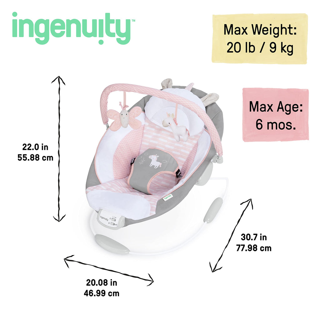 Ingenuity, Babywippe Babyschaukel mit Vibration und 8 Melodien, abnehmbare spielbogen, gepolsterter Kopfstütze, Sicherheitsgurt, Babysitz ,Lautstärkeregler, grau / rosa, ab der Geburt bis 9kg
