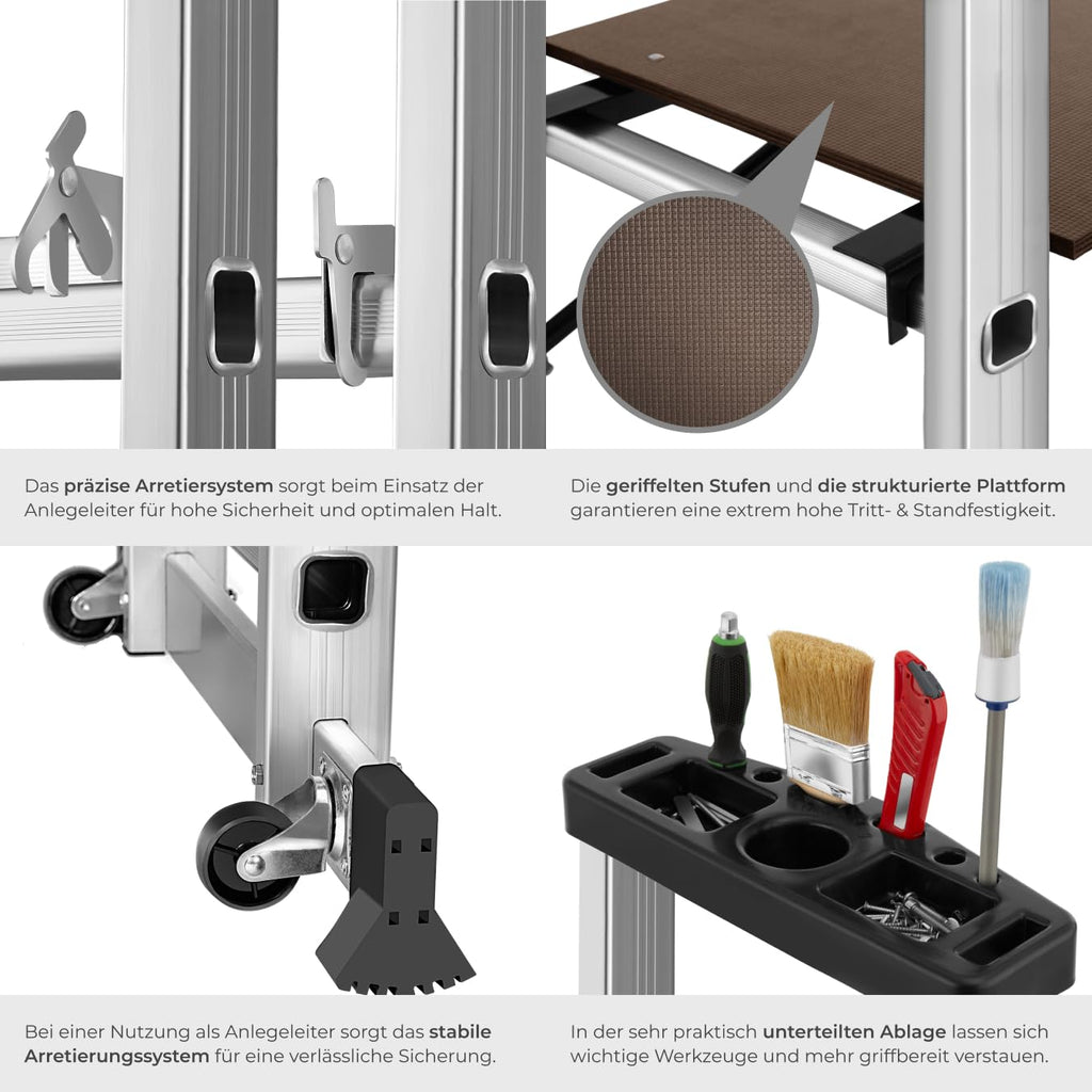 TecTake Gerüst, Leiter 4 in 1, Mobile Mehrzweckleiter, Arbeitsbühne, Baugerüst, Alu Gerüst, Rollgerüst mit Arbeitsplattform, Haushaltsleiter, belastbar bis max. 150 Kg - Silber