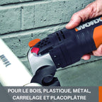 WORX WX681 Sonicrafter F50 Multifunktionswerkzeug 450w – zum Schneiden, Polieren, Schleifen uvm. – Multitools inkl. Adapter für Universalzubehör, 35mm Sägeblatt & 80mm HSS Sägeblatt halbrund