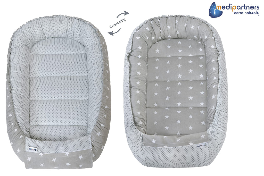 Medi Partners Babynest Nestchen für Neugeborene - 100x60x15 Babynestchen Baby zweiseitg Nest Bett 100% Baumwolle Minky Kuschelnest tragbar (graue Sternen mit graue Minky)