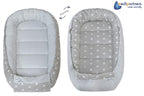 Medi Partners Babynest Nestchen für Neugeborene - 100x60x15 Babynestchen Baby zweiseitg Nest Bett 100% Baumwolle Minky Kuschelnest tragbar (graue Sternen mit graue Minky)