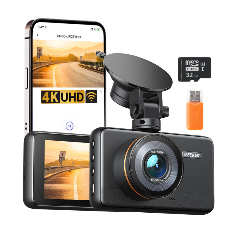 iZEEKER 4K Dashcam Auto, WiFi Dash Cam mit 32GB Karte, Front Auto Kamera mit Nachtsicht, 24/7 Parküberwachung, WDR, 170° Weitwinkel, Loop-Aufnahme, G-Sensor