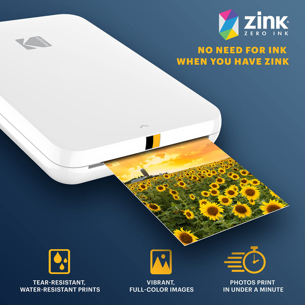 KODAK Step Slim Sofort-Smartphone-Fotodrucker - Tragbarer schlanker Farb-Mobilfotodrucker - Zink 2x3” Klebefotos - Drucken von iOS- & Android-Geräten via Bluetooth mit der Fun-App - Weiß