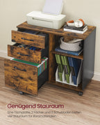 VASAGLE Rollcontainer, Aktenschrank, mit 3 Schubladen und Rollen, offene Fächer, für Dokumente in DIN A4-, Letter-Format, Druckerständer, Industrie-Design, vintagebraun-schwarz OFC041B01