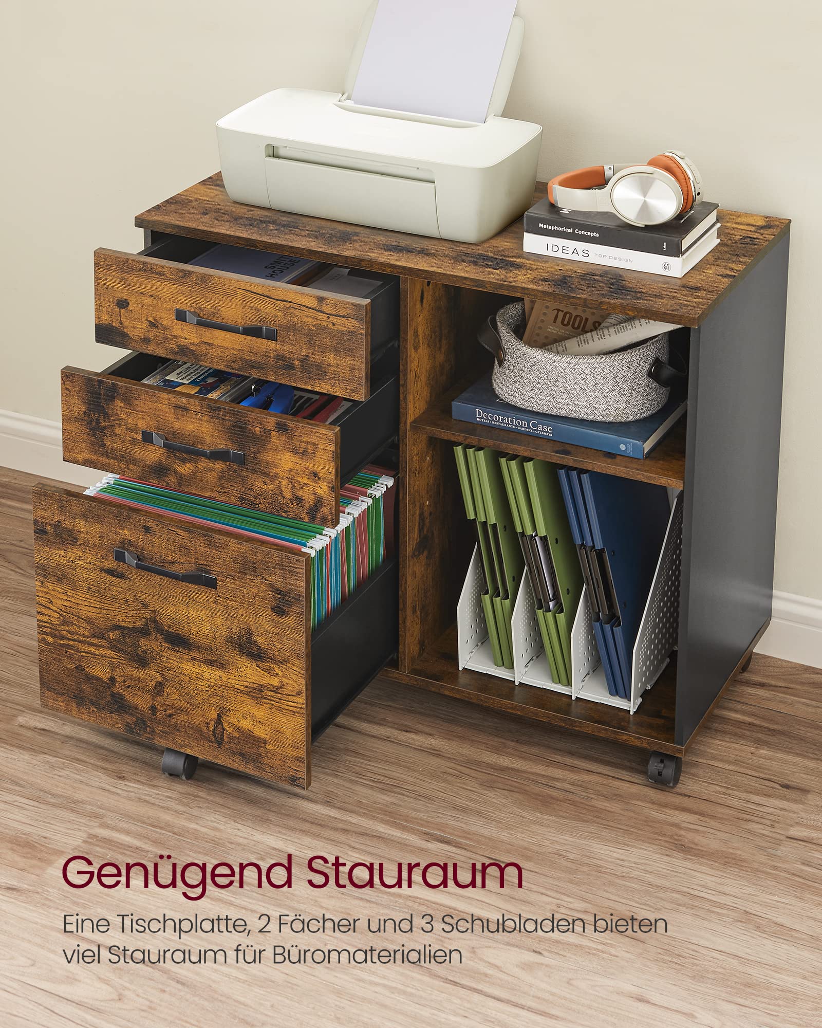 VASAGLE Rollcontainer, Aktenschrank, mit 3 Schubladen und Rollen, offene Fächer, für Dokumente in DIN A4-, Letter-Format, Druckerständer, Industrie-Design, vintagebraun-schwarz OFC041B01