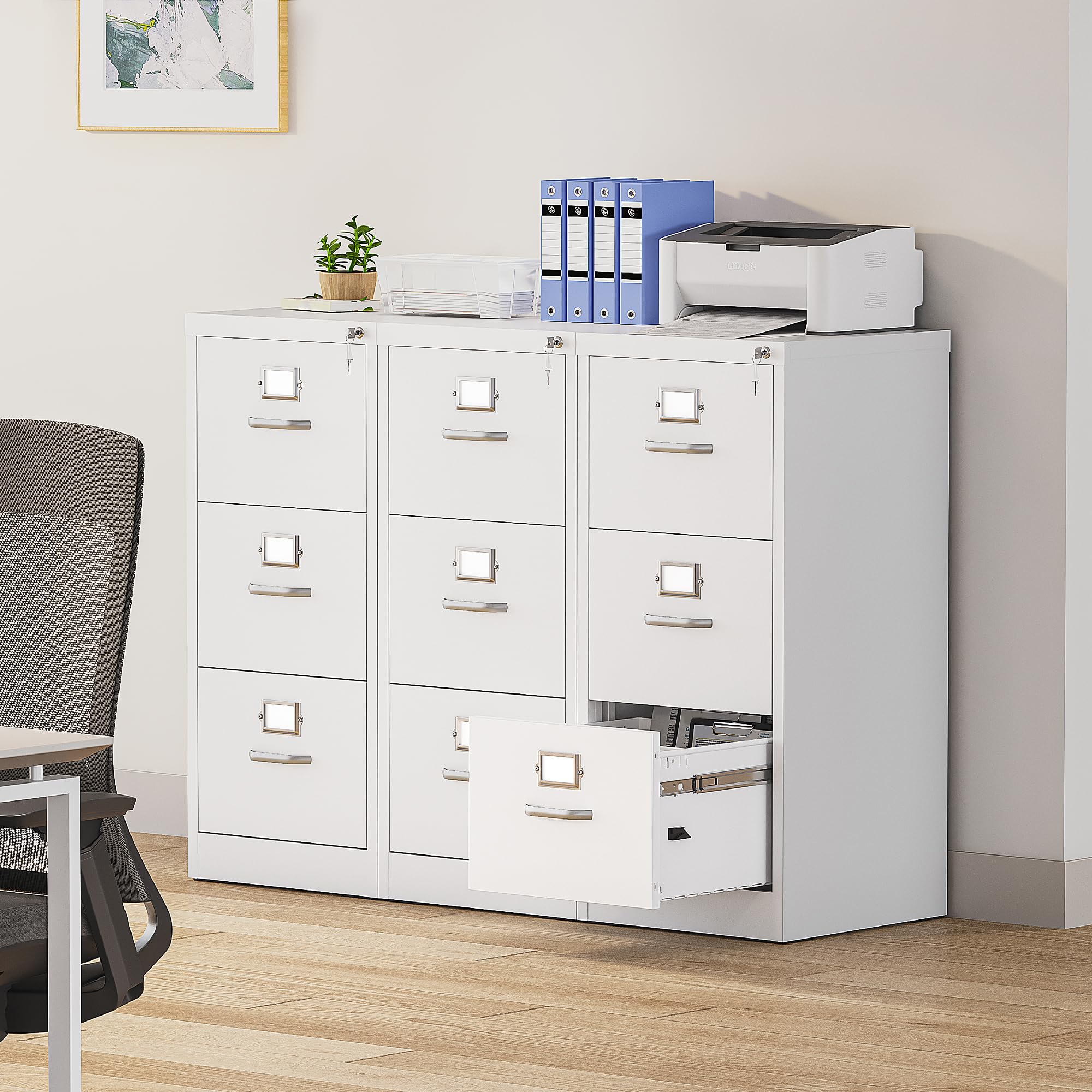 YITAHOME Aktenschrank Abschließbar, Metall Aktenschränke mit 3 Schubladen für A4, Legal, Letter, Anti-Kippen Büroschrank mit Cue-Kartenschlitz für Home-Office, Weiß, 45.8 x 45 x 103cm