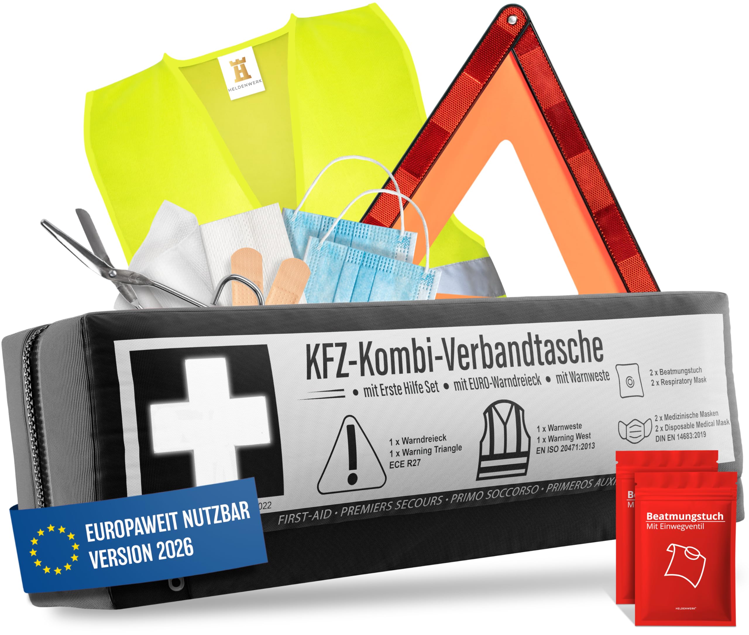 KFZ Kombitasche (3 in 1) nach aktueller Norm 2026 - Inkl. Warndreieck, Warnweste - Verbandskasten Warndreieck Set Verbandskasten Auto DIN 13164:2022 (StVO konform)