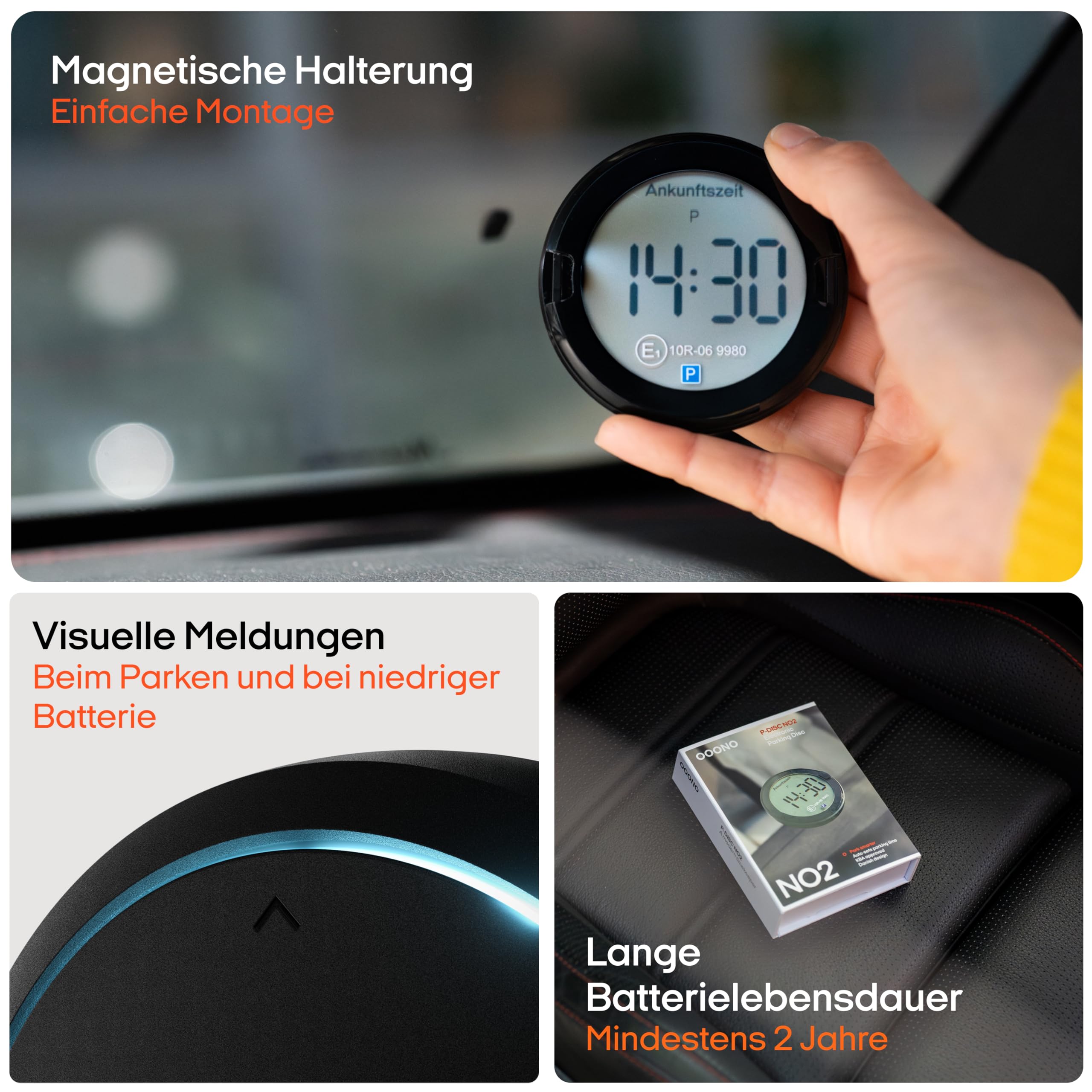 OOONO P-DISC NO2 - Elektronische Parkscheibe mit Zulassung fürs Auto - Automatische Digitale Parkscheibe Elektrisch mit Zulassung vom KBA nach StVO - Elektrische Parkuhr Auto zugelassen