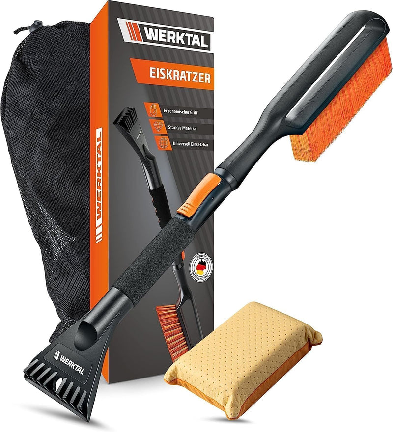WERKTAL Eiskratzer Auto mit Besen (Teleskop) lackschonend – Scheibenkratzer mit Eisbrecher & Schneebesen für PKW LKW SUV, stabiles Winterzubehör inkl. Tasche – inklusive Scheibenschwamm