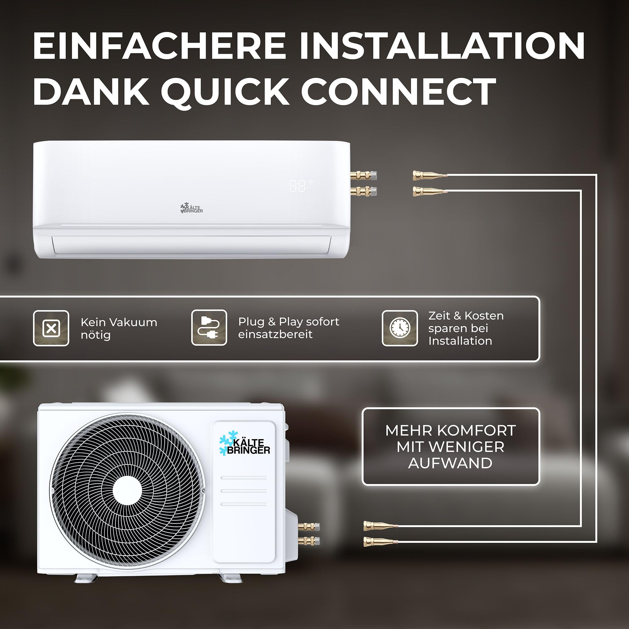 Kältebringer Split Klimaanlage Quick Connect - 18000 BTU (5,3 kW) - Klimagerät mit Heizfunktion, WiFi & App, bis 91qm, sehr leise - 5m Kupferleitung, Kältemittel R32, Montagematerial, Wandhalterung