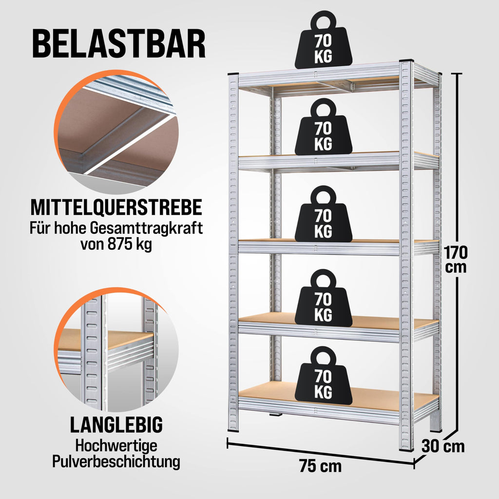 Monzana 2X Schwerlastregal 170x75x30cm 350kg 5 MDF-Platten Regal Lagerregal Kellerregal Steckregal Werkstattregal