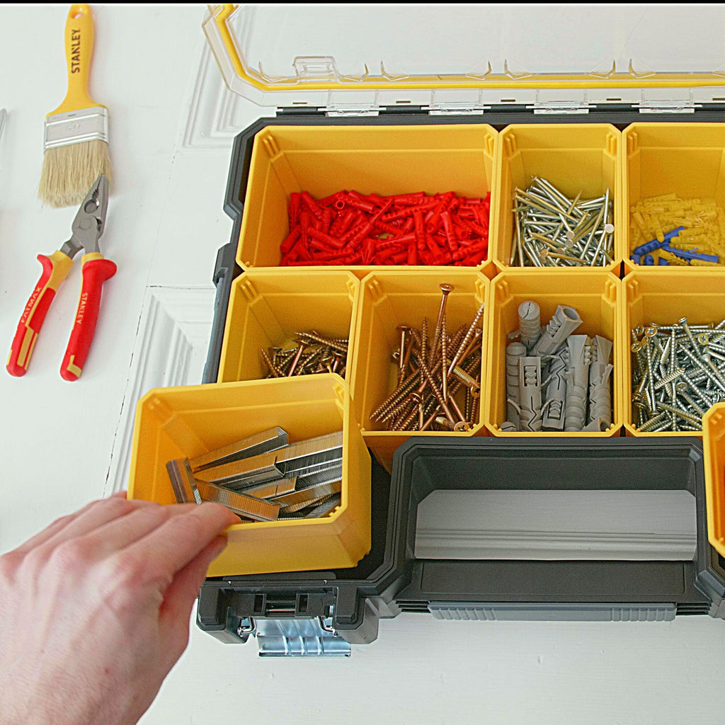 STANLEY FATMAX Profi Werkzeug-Organizer (45 x 12 x 36 cm, tiefe Fächer, mit transparentem, schlagfestem Deckel, integriertem Griff & Metallschließen, 10 herausnehmbare Boxen) 1-97-518