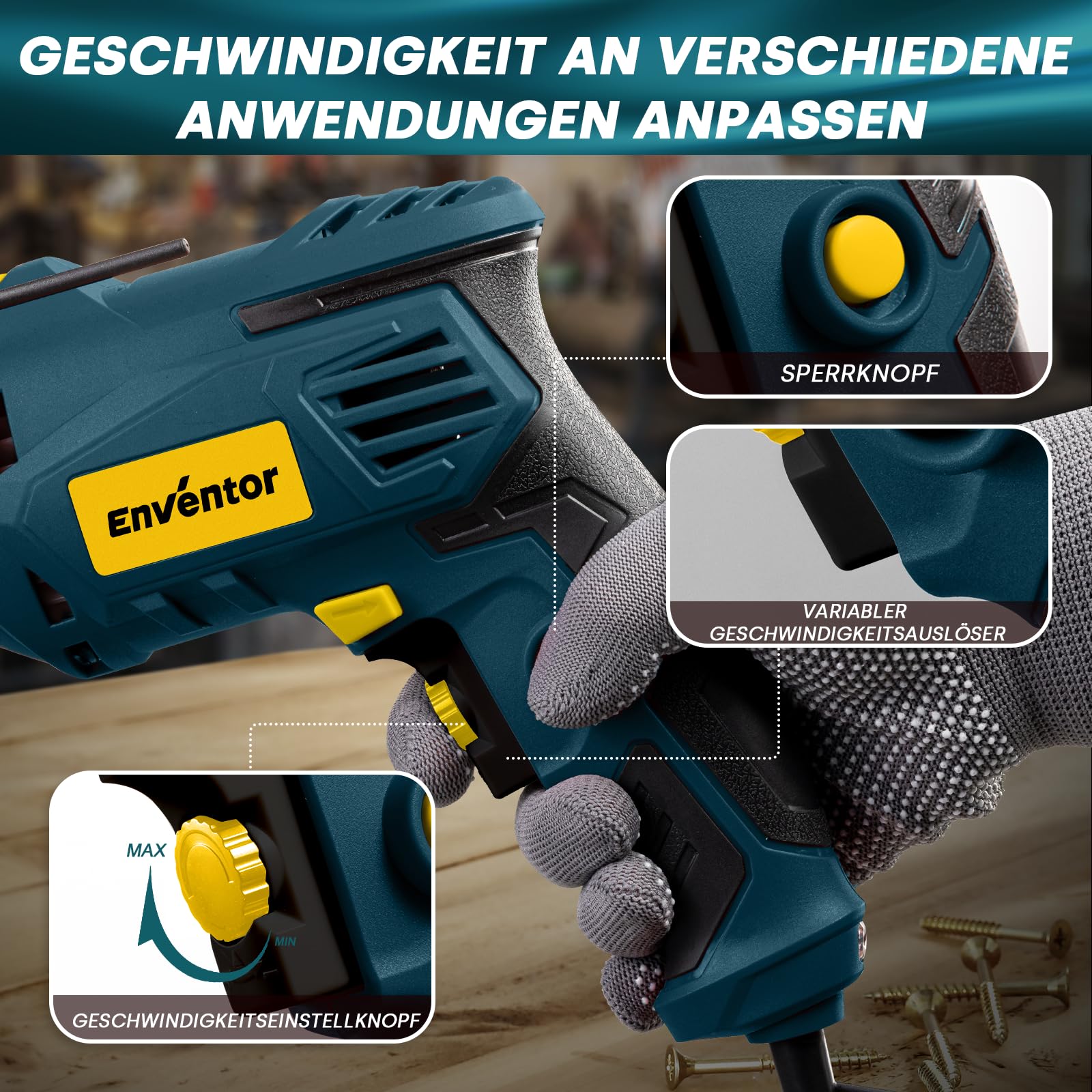 ENVENTOR 900W Schlagbohrmaschine, Elektrische Bohrmaschine mit 36 Stück Zubehör, 2-in-1 Funktion, 0–3000 RPM, 360° Zusatzgriff, 13mm Bohrfutter, für Beton, Metall und Holz