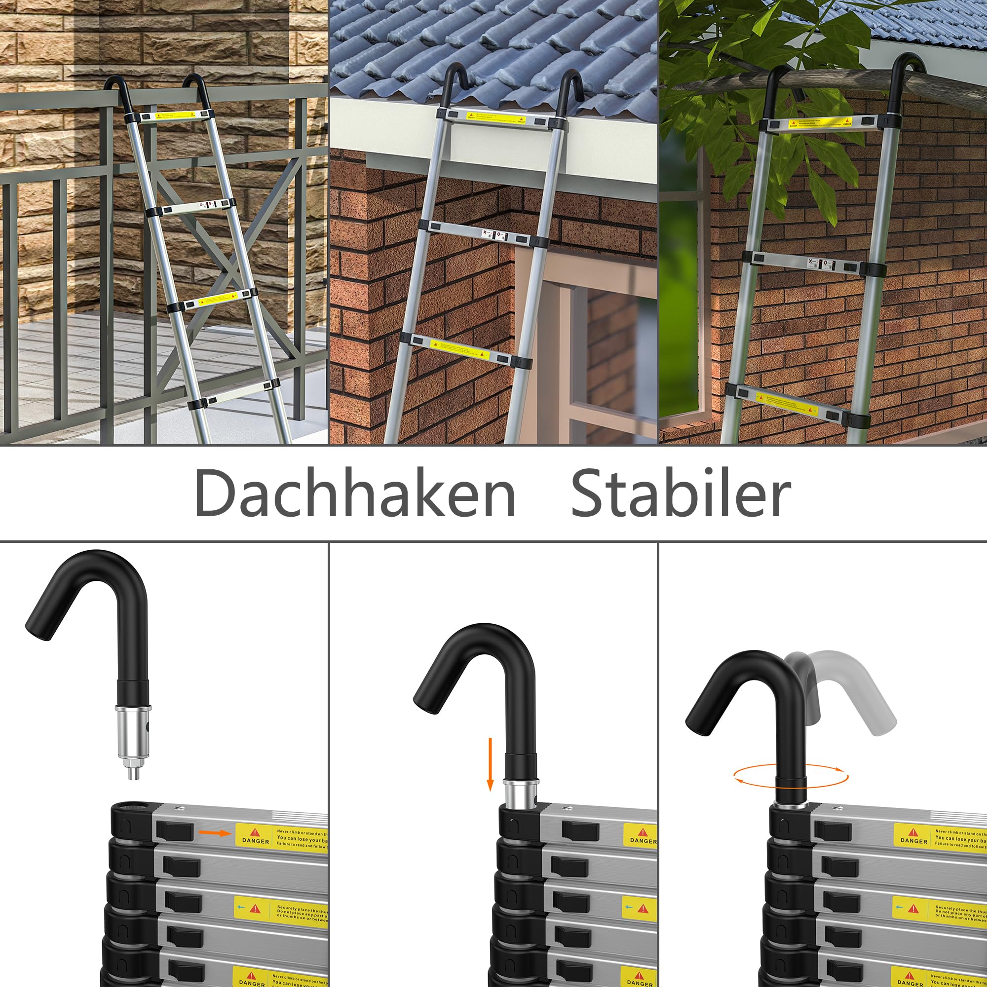 gymount Aluminium Teleskopleiter 4,1 m, Leiter Ausziehbar mit Stabilisator und Abnehmbaren Haken, Klappleiter, Mehrzweckleiter, Stehleiter, Haushaltsleiter, Außenleiter, 150 kg Belastbarkeit