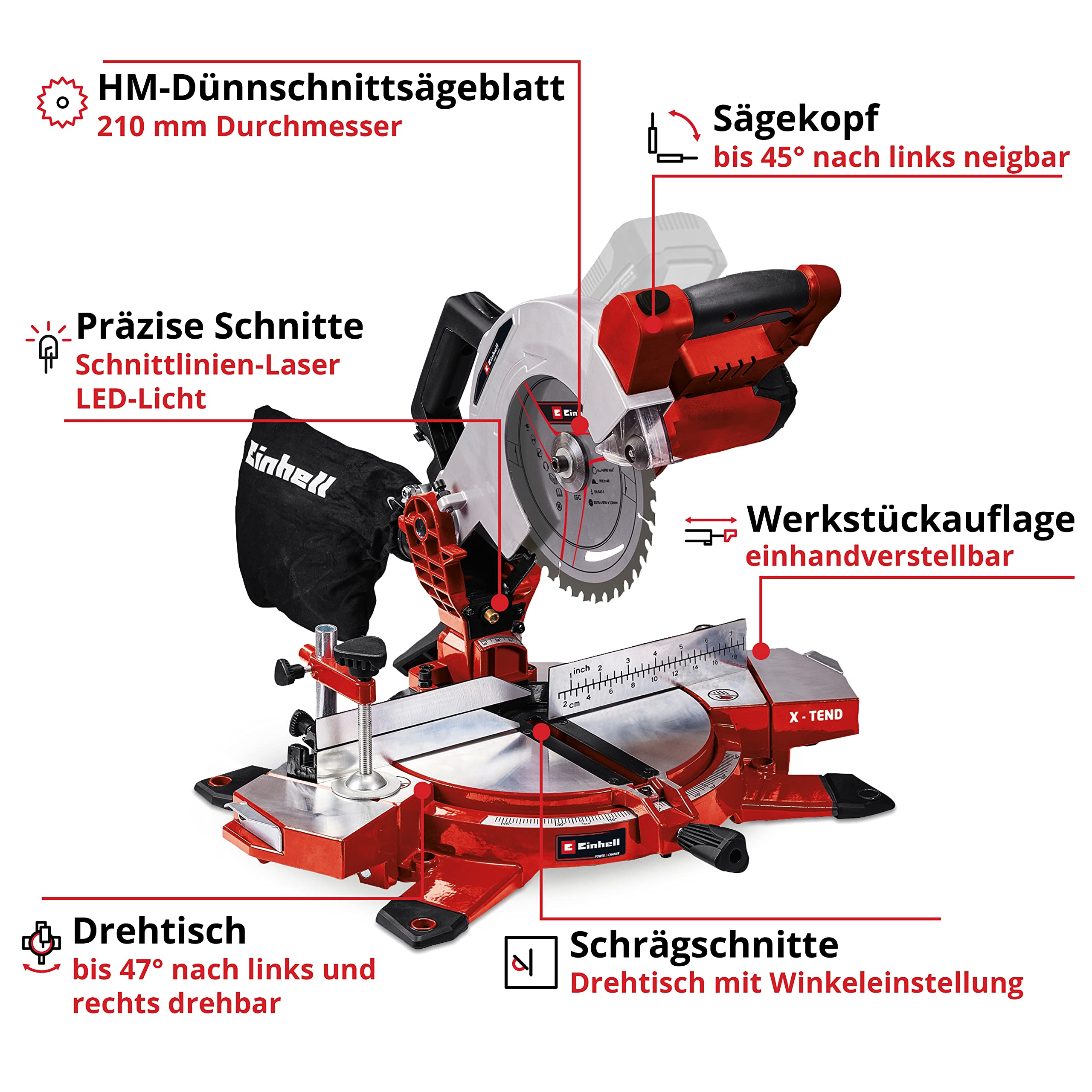 Einhell Akku-Kappsäge TE-MS 18/210 Li-Solo Power X-Change (18 V, max. 60 mm x 120 mm Schnitttiefe/-breite, Ø 210 mm Sägeblatt, neigbarer Sägekopf, Laser, ohne Akku)