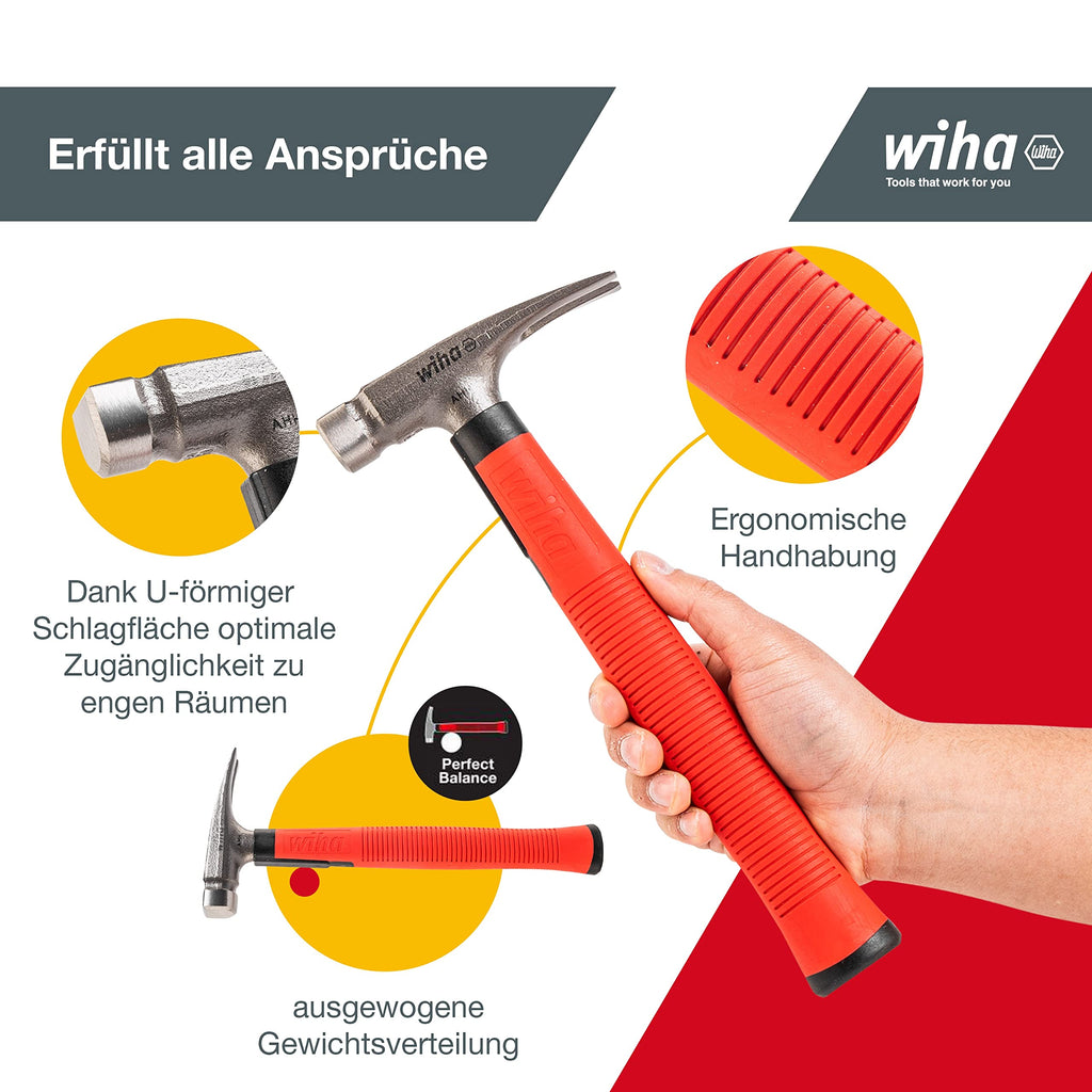 Wiha Elektriker Hammer 300g (42071), Werkzeug für Elektriker für elektrische Arbeiten, flacher Boden des Hammerstiels zum Platzieren von Kabeln und Dübeln