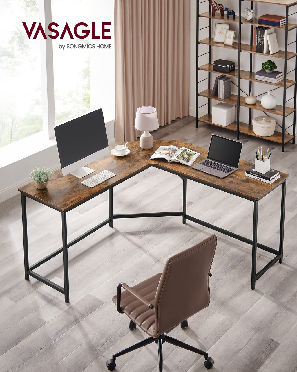 VASAGLE Eckschreibtisch, L-förmiger Computertisch, 149 x 149 x 76 cm, platzsparender Bürotisch, Homeoffice, Gaming, vintagebraun-tintenschwarz LWD73X