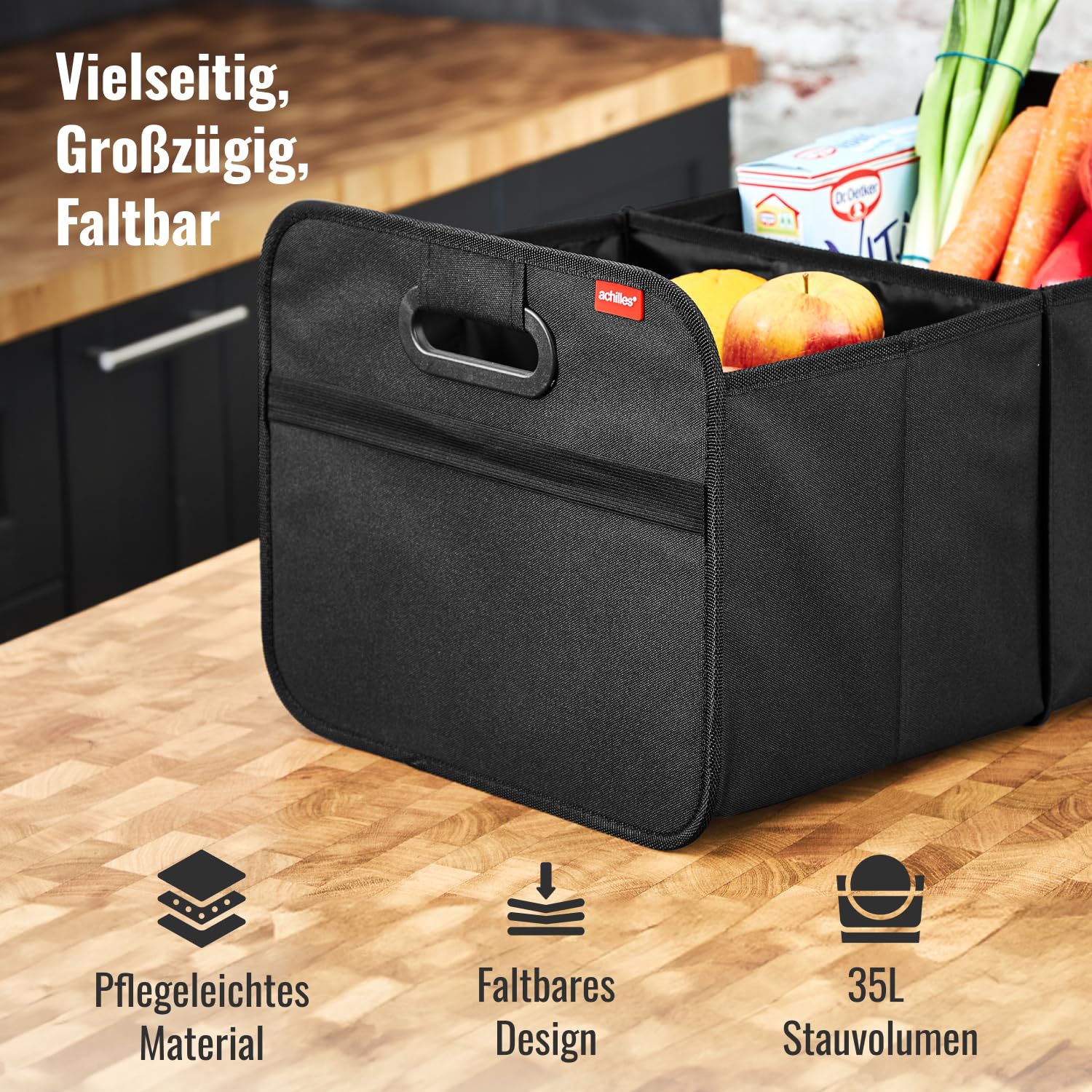 achilles Auto Kofferraum Organizer XL – Kofferraumtasche XL mit viel Stauraum – Geräumige & Pflegeleichte Faltbox – Auto Zubehör Innenraum Organizer – Stabiler Boden & Tragegriff – Schwarz