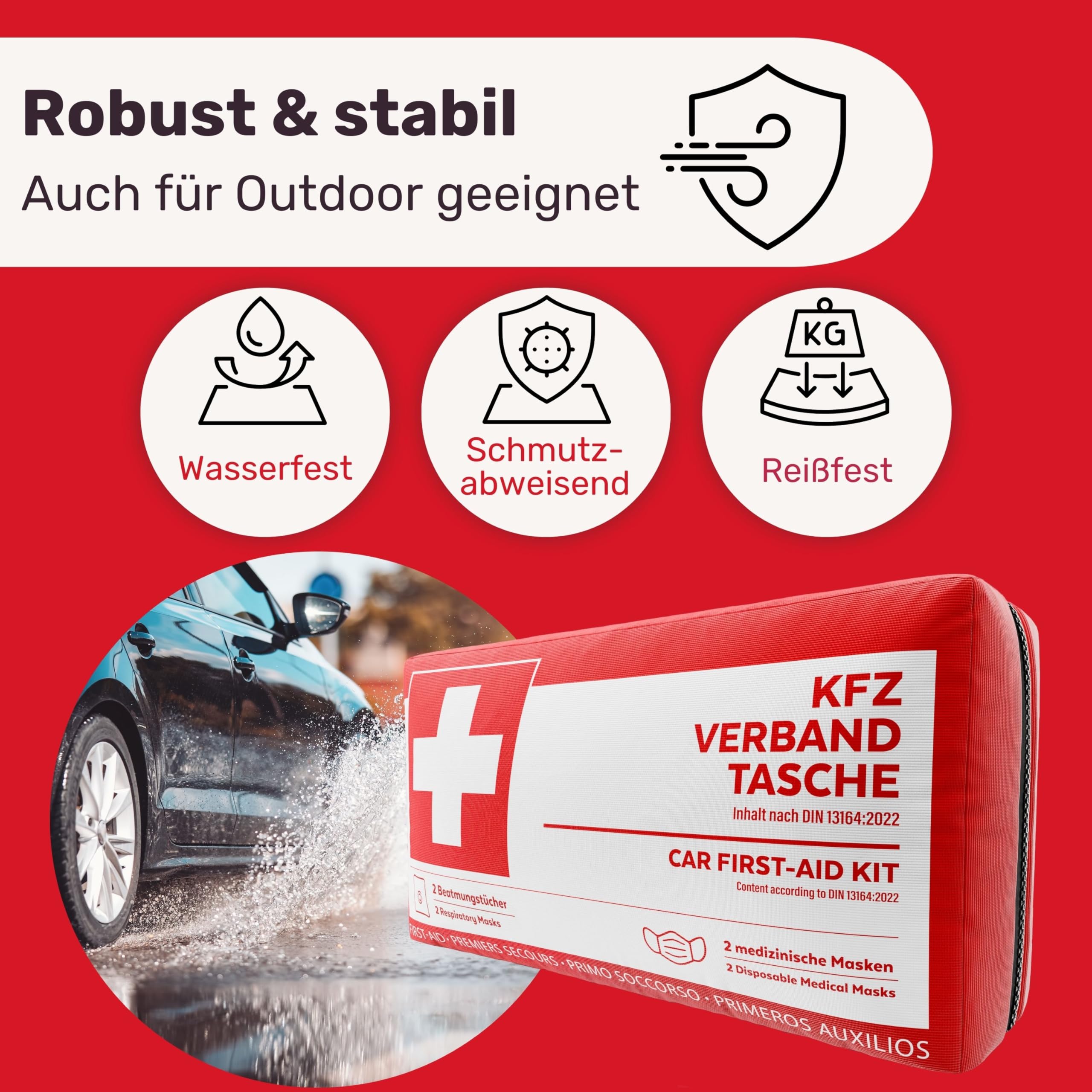 KFZ Verbandstasche nach aktueller Norm 2026 inkl. Beatmungstüchern - KFZ Verbandskasten europaweit nutzbar - Erste Hilfe Set Verbandkasten DIN 13164:2022 (StVO konform)