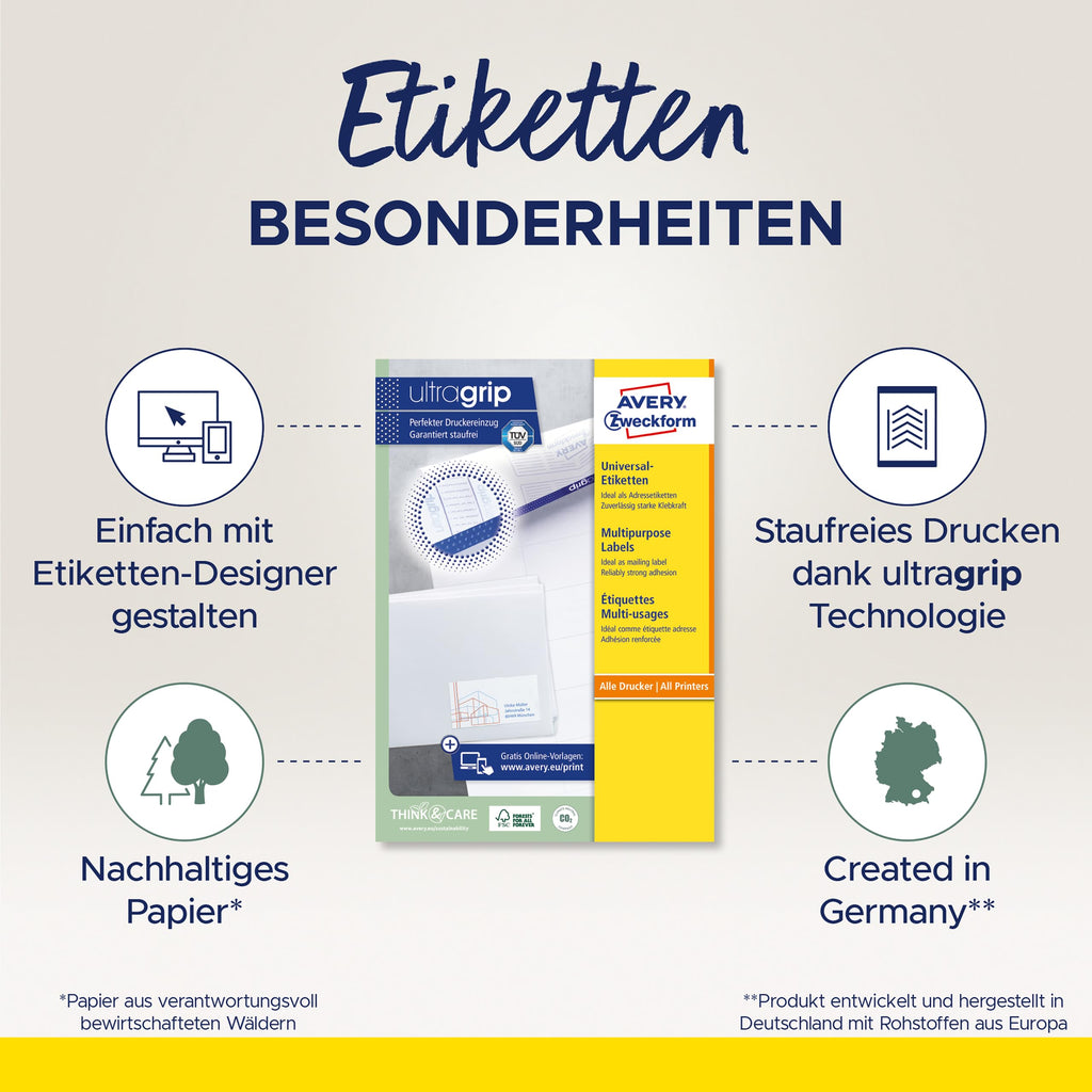 AVERY Zweckform 3475 Adressaufkleber (2.400 Klebeetiketten, 70x36mm auf A4, Papier matt, bedruckbare Absenderetiketten, selbstklebende Adressetiketten mit ultragrip) 100 Blatt, weiß