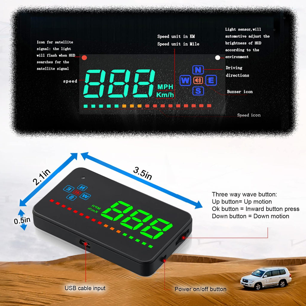 iKiKin Head Up Display Auto, HUD GPS für Alle Autos und LKWs, Windschild-LED-Projektor mit HUD-Reflexionsfilm, Geographisches Positionierungs System Tachometer, Plug & Play